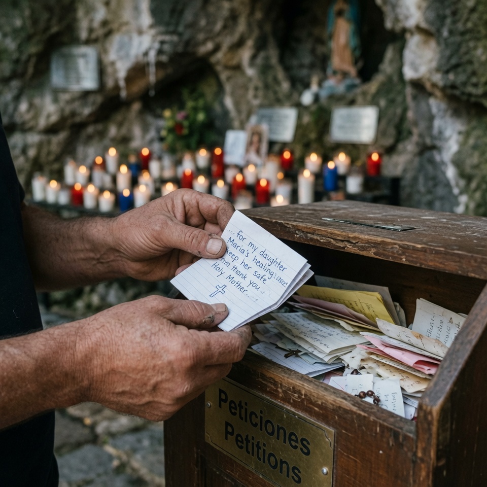 A volunteer placing a written prayer petition into the Petition Box at the Lourdes Grotto