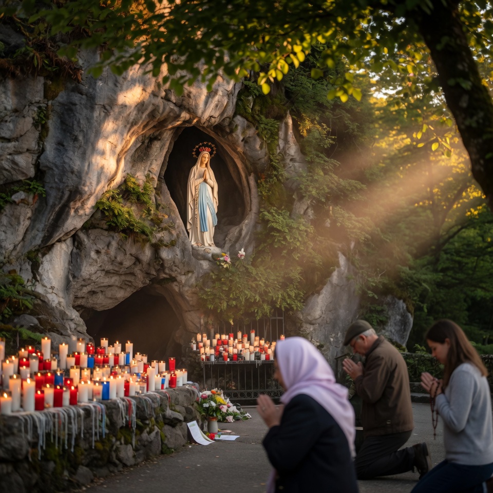Pilgrims praying at the Grotto of Massabielle, Sanctuary of Our Lady of Lourdes